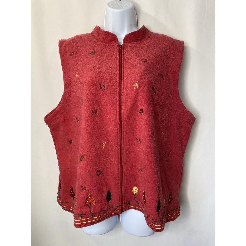 Christopher & Banks Fall Vest Womens Size Large Red Fleece Leaves Embroidered